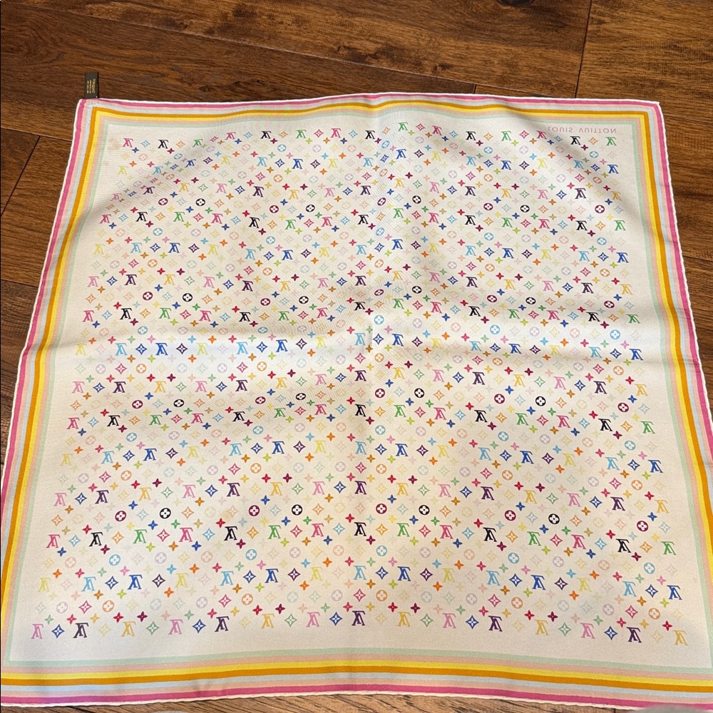 Louis Vuitton Takashi Murakami White Multicolor Silk Scarf 26.5x26.5” - Picture 10 of 13